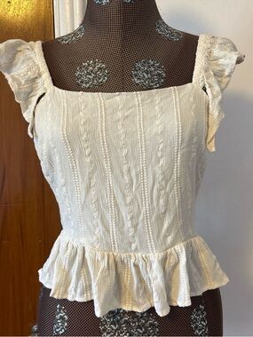 Express Cream Textured Peplum Camisole with Ruffle Tie Straps